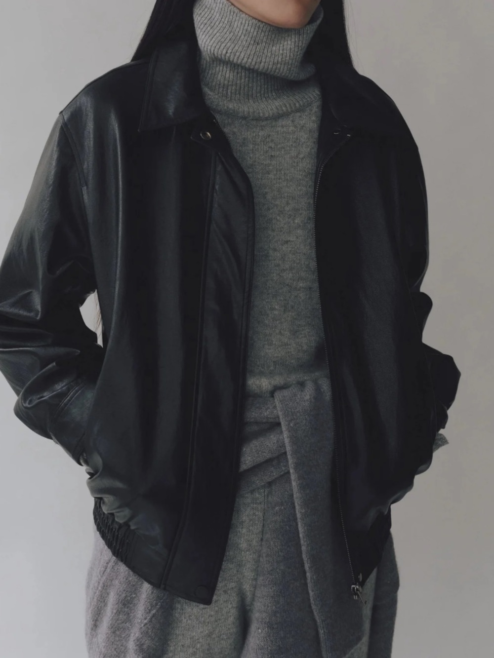 Mijeong Park Black faux Leather Bomber Jacket - Classic Womens Coat XS S